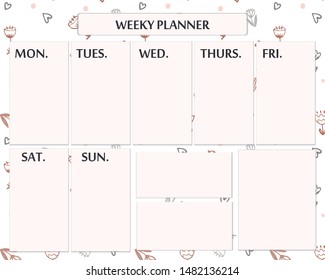 Weekly planner page template design. Cute page for everyday plans and notes. Cute romantic vector page with doodle hearts and flowers.