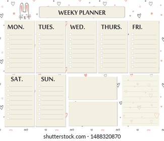 Weekly planner page template design. Cute page for everyday plans and notes. Cute romantic vector page with doodle hearts and bunny faces.