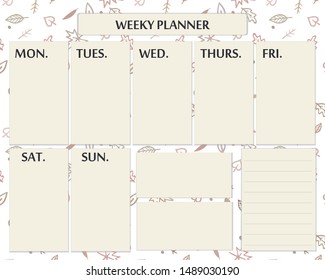 Weekly planner page template design for autumn time. Cute page for everyday plans and notes with doodle autumn leaves.