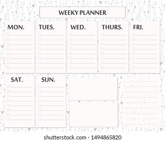 Weekly planner page template design. Cute page for everyday plans and notes. Cute romantic vector page with doodle heart plants garlands.