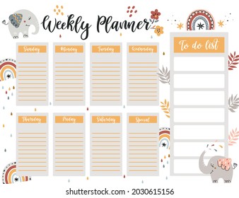 Weekly planner page template, to do list with cute elephant in cartoon style