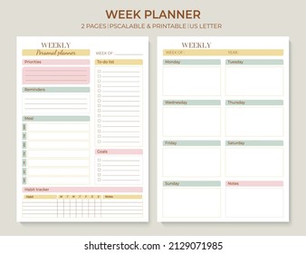 Weekly planner page templates. Weekly to-do list, tasks, goals and reminders for a week. Menu plan and habit tracker. Minimal printable vector graphic set for everyday routine.