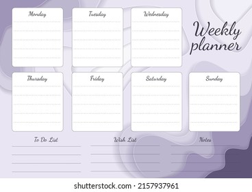 Weekly planner with paper cut shapes. Delicate purple and lilac colors. Vector illustration.
