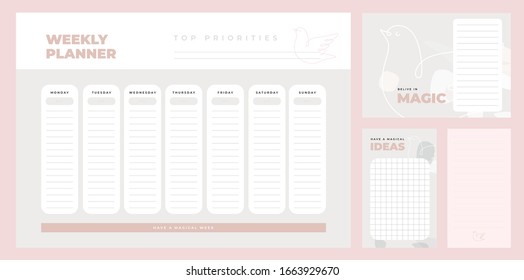 Weekly planner in pastel colors, stationery organizer for daily plans, to do list, wish list, schedule, notes. Ideal for organize life and dreams. Set for personal plans