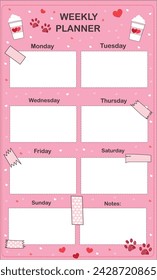 Weekly planner with paw prints vertical design. Coffee cups and paw prints pet lovers