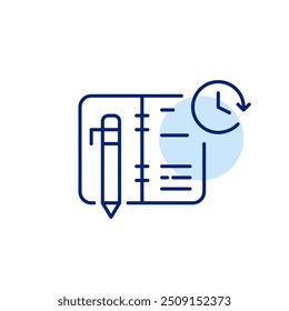 Planificador semanal, pluma y reloj. Icono de trazo perfecto y editable del píxel