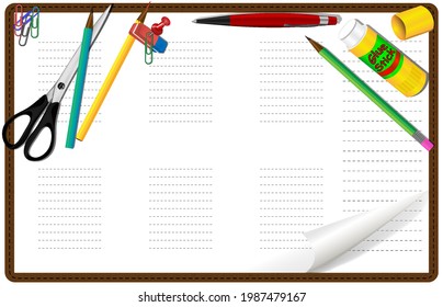 weekly planner with pencils, pen, scissors, eraser, paper clips