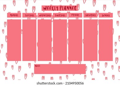 Weekly planner with pink hearts in doodle cartoon style. Vector illustration for kids stationary, schedule, list, school timetable, extracurricular activities