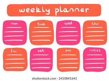 Weekly planner in pink and orange colours with notes block. Planning, time management, schedule planning. Vector illustration. Planner layout.