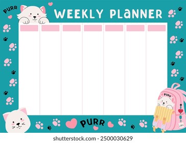 Weekly planner with Pink school backpack and cat. Cute white fluffy cat, footprints background. Back to school concept. Lifestyle planner for 7 days. Schedule design template. Vector flat illustration