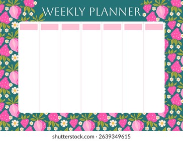 Weekly planner with pink strawberry pattern. Low poly strawberries on turquoise background. Lifestyle planner for 7 days. Schedule design template. Vector flat illustration