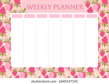 Weekly planner with pink strawberry pattern. Low poly strawberries on pink background. Lifestyle planner for 7 days. Schedule design template. Vector flat illustration