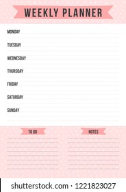 Weekly planner with place for notes. Layout sheet with place for notes. Vector template page for print, office, school.