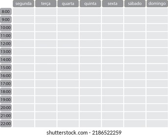 planificador semanal en portugués, siete días de la semana. de 8:00 a 22:00 horas.