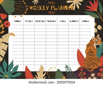 Weekly planner print concept template. With hand drawn exotic floral leaves pattern. Vector