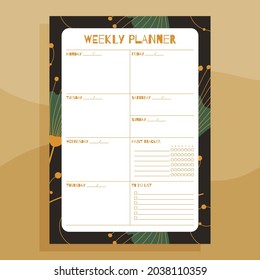 Weekly planner print concept template. With hand drawn exotic floral leaves pattern. Vector