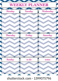 Weekly planner, printable page, vector template for diary, planners, books or notebooks.
