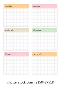Weekly planner printable sheet. Days of the week, list for the day