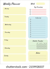 Weekly planner printable template Vector. Blank white notebook page Letter format. Business organizer schedule page for a week for effective planning. Paper sheet. Vector illustration design