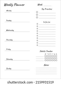 Weekly planner printable template Vector. Blank white notebook page Letter format. Business organizer schedule page. Effective planning. Personal schedule. Paper sheet. Vector illustration design