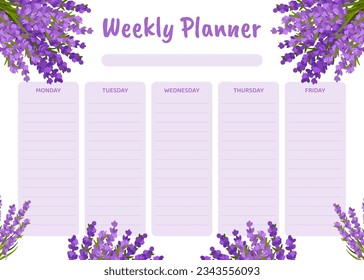 Weekly Planner with Purple Lavender Flower Vector Template