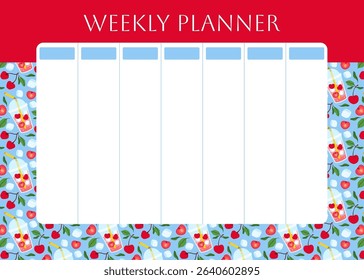 Weekly planner with red cherry lemonade pattern. Berry, ice cube and foliage on pink background. Lifestyle planner for 7 days. Schedule design template. Vector flat illustration