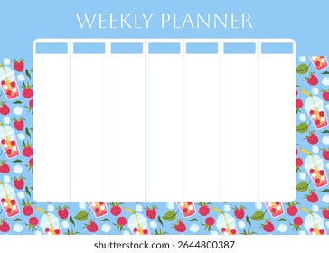 Planejador semanal com padrão de limonada de cereja vermelha. Berry, cubo de gelo e folhagem em fundo azul. Planejador de estilo de vida por 7 dias. Modelo de design de agendamento. Ilustração em plano vetorial