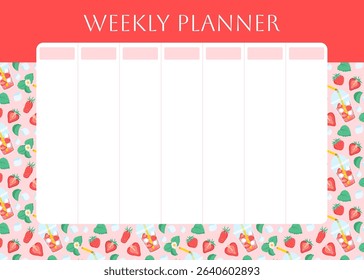 Weekly planner with red strawberry lemonade pattern. Berry, ice cube and foliage on pink background. Lifestyle planner for 7 days. Schedule design template. Vector flat illustration