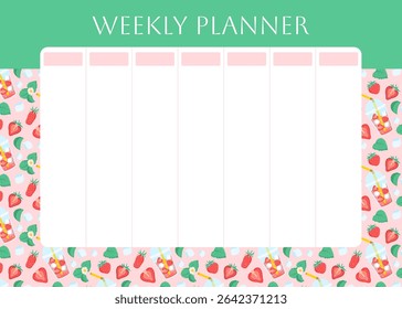Weekly planner with red strawberry lemonade pattern. Berry, ice cube and foliage on green background. Lifestyle planner for 7 days. Schedule design template. Vector flat illustration
