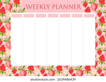 Weekly planner with red strawberry pattern. Low poly strawberries on pink background. Lifestyle planner for 7 days. Schedule design template. Vector flat illustration
