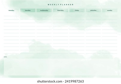 Weekly Planner with Sage Green Watercolor Stains on White Background. Simple Weekly Organizer Divided Into Days, with Space for Notes. English Version. Printable Vector Timetable with Copy Space.