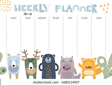 Weekly planner with scandinavian animals in doodle cartoon style. Kids schedule design template. Vector illustration.
