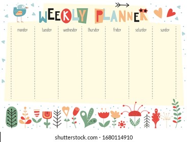 Weekly planner with scandinavian flowers and bird in doodle cartoon style. Kids schedule design template. Vector illustration.