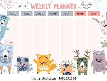 Weekly planner with scandinavian forest animals in doodle cartoon style. Kids schedule design template. Vector illustration.