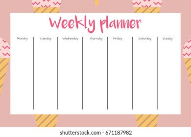 Weekly Planner in Scandinavian Style with Ice cream Pattern. Perfect for Print, Template, to do list. Vector isolated illustration
