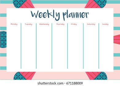 Weekly Planner in Scandinavian Style with Ice cream Pattern. Perfect for Print, Template, to do list. Vector isolated illustration