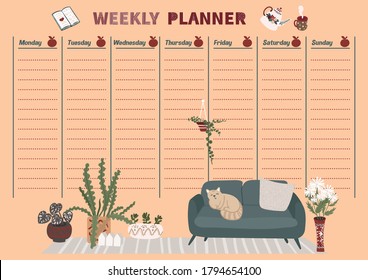 Weekly Planner in Scandinavian style. Timetable for week for home, office.  Organize note for daily chore. Template page for school classes and business. Format a4, Printable.