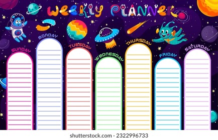 Weekly planner schedule. Cartoon alien and ufo in starry galaxy space. Education school timetable vector template for kid. Time table for lessons with lined frames and funny extraterrestrial creatures