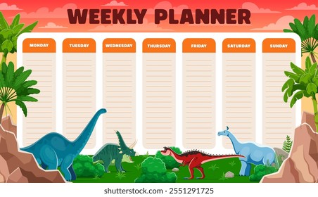 Weekly planner schedule, cartoon funny prehistoric dinosaurs in jungle forest vector background frame. Daily schedule, week calendar or planner, cute brontosaurus, chasmosaurus and carnotaurus dinos