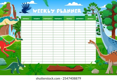 Agenda semanal planejador com desenhos animados dinossauros pré-históricos e répteis, modelo organizador vetorial. Planejador semanal com agenda de dia ou lista de tarefas para planos e notas com dinossauros jurássicos engraçados