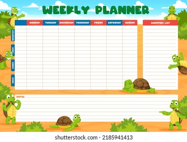 Weekly Planner Schedule With Cartoon Turtle. Cheerful Tortoise Animal Characters. School Education Calendar Vector Daily Checklist, Lessons Weekly Planner Or Timetable With Cute Turtle Kid Personages