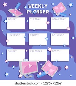 Weekly planner. Schedule. Children's organizer with a computer, tablet and notepad. Notes, frame. The layout can also be used for class schedules, daily classes, calendar.