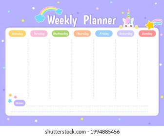 Weekly Planner Schedule design with cute unicorn and rainbow on purple pastel background.