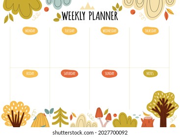 Weekly planner. Schedule design vector template  with hand drawn forest elements in scandinavian style - different types on trees, shrubs, anthill, wild herbs. Schedule design vector template.