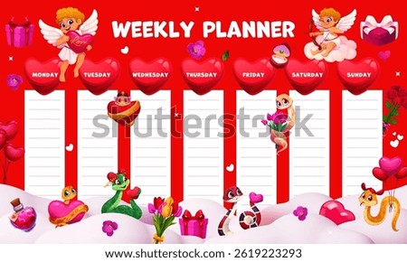 Weekly planner schedule with love hearts and cherubs, valentines day snakes, flowers, balloons and love potion bottles on red background. Vector romantic organizer template for each day notes or plans