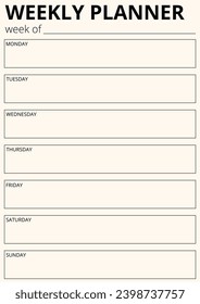 página del bloc de notas de planificación semanal. Modern Business organizador con notas y objetivos. plantilla de página de programación. Página de planificación semanal.