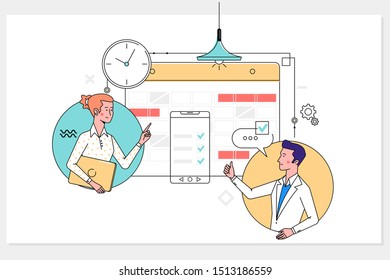 Weekly Planner Schedule  Timeline Concept. Work planning, daily routine, people filling out the schedule in the table.Vector illustration