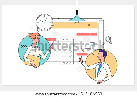 Weekly Planner Schedule  Timeline Concept. Work planning, daily routine, people filling out the schedule in the table.Vector illustration