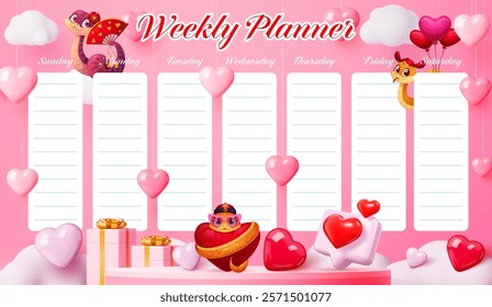 Weekly planner schedule with valentines day hearts and funny snakes. Vector educational timetable, school lesson planner template with cute reptile characters and gifts. Kid time table organizer frame