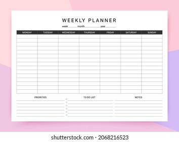 Weekly planner. Schedule for week with to do list, notes and priorities. Timetable template. Homework organizer. Simple journal page. Empty blank of diary. Vector illustration. Paper size A4. 